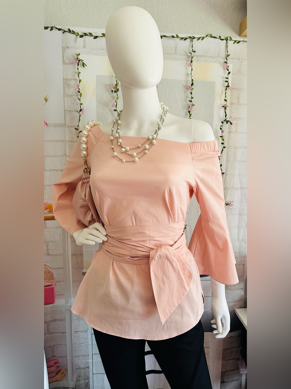 WHBM Blush Pink Ballerina Off Shoulder Bell Sleeve Tie Blouse